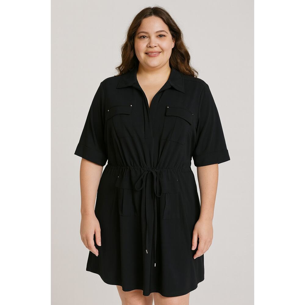 Sz 14 WHBM career casual cinch belt waist pocket shift dress black short sleeve